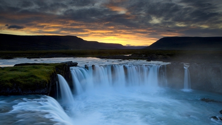 Waterfall - sunset, water, waterfall, rocks