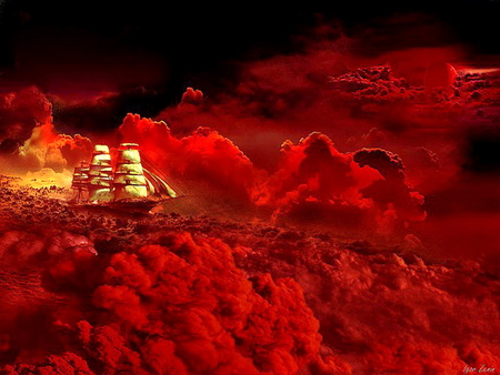 Sailors dream - clouds, fantasy, red, ship, gold, sails