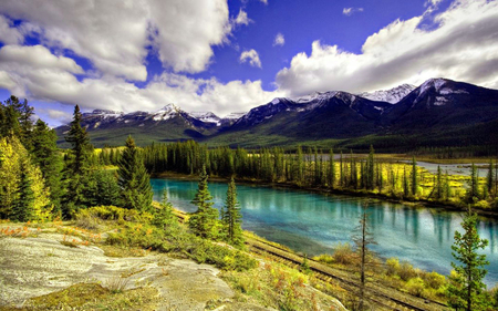 railways at lake - water, lake, railways, trees