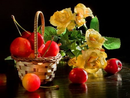 Still life - cherries, yellow, roses, fruits, basket, still life