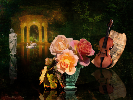 still life - roses, violin, gazebo, collage, still life