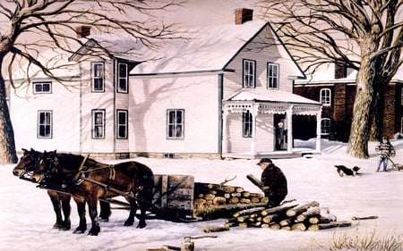 Winter Delivery - house, horse, buggy, wood