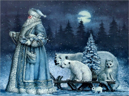 Xmas - christmas, moon, bear, santa, fantasy, winter, blue, tree