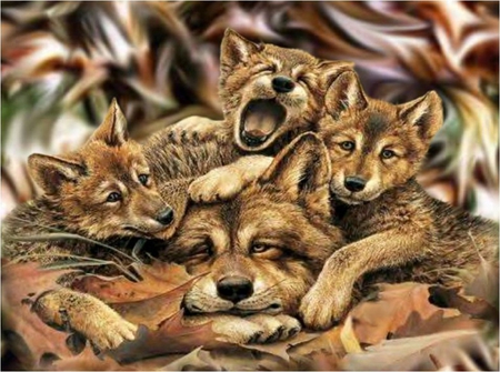 Wolves - wildlife, autumn, animals, funny, wolf, painting, wolves, fall, cubs, leaves, animal, cute