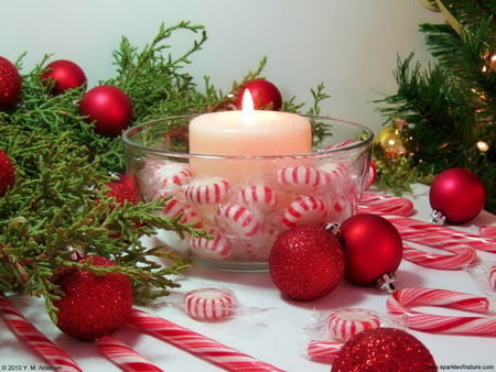 Peppermint Christmas - christmas, balls, red, green, candle, boughs, peppermints