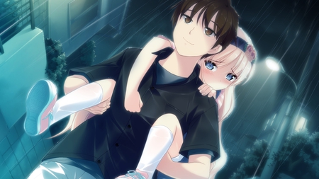 Sweet girl - male, brown eyes, rain, blue eyes, long hair, isami hayato, watari masahito, brown hair, game cg, haruka ruha, blonde hair, blush, short hair