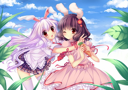 Reisen Udongein Inaba & Tewi Inaba - girls, sky, brown eyes, bunny, rabbit, reisen udongein inaba, clouds, anime, brunette, ribbon, short hair, skirt, long hair, frilly, ears, bow, tewi inaba, pink, leaves, dress