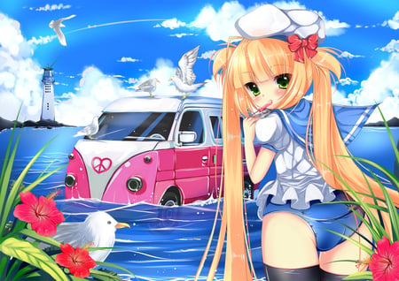 Peace - sailor, sky, hat, heart, water, car, clouds, anime, grass, birds, ocean, girl, van, peace, pigtails, long hair, seas, blue, pink, leaves, uniform, flower, blonde