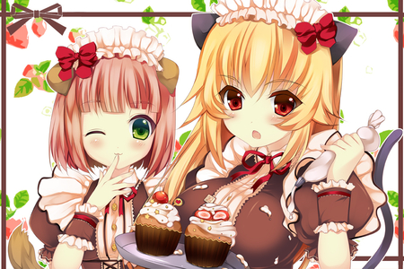 Sweets & Treats - anime, ears, blonde, wink, sweets, long hair, short hair, treats, ribbon, fruit, cats, cupcakes, neko, strawberry, waitress, bow, kitty