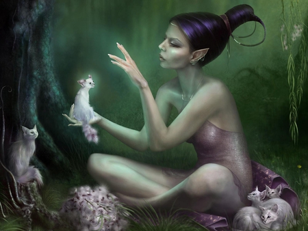 Forest Healing - woman, cat, magic, healing, pet, fantasy, glow, white, pixie, cool, forest, beautiful, green, fairy