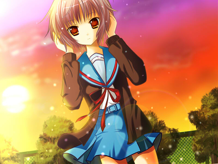 Yuki Nagato - sky, girl, trees, female, school, colorful, sunset, bushes, nature, daytime, leaves, uniform, yuki nagato, short hair