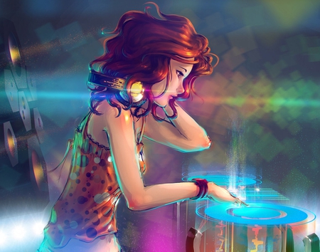 Beat - anime, speakers, girl, dj, beat, music, red hair, fantasy, headphones, mix