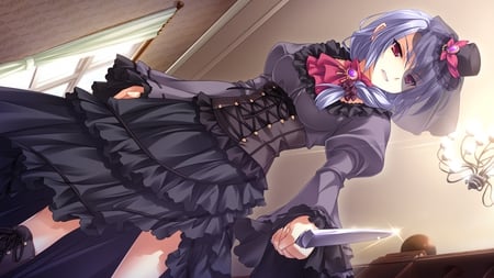 I'll kill you ! - sexy, girl, long hair, knife, kawai, gothic, red eyes, game cg, yukie, sara, anime, weapon, midori no umi, cute, dress, white hair