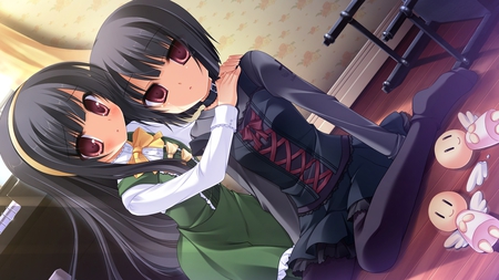 Hey don't cry - midori no umi, anime, tear, dress, rikuno, sorane, gothic, crying, long hair, kawai, pink eyes, girls, short hair, black hair, cute, game cg