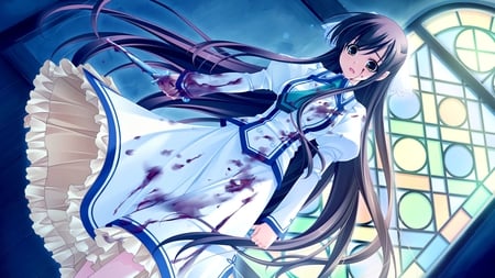 Michiru - brown eyes, girl, long hair, blood, anime girl, knife, michiru, brown hair, game cg, weapon, anime, midori no umi, dress