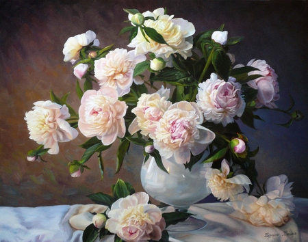 Soft Flowers - white, peonies, pink, soft, beautiful, paintings, flowers, vase