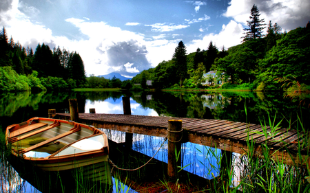 Peaceful Place - summer, abandoned, nice, woods, house, greenery, mirrored, beauty, pier, lakeshore, river, boats, nature, green, spruce, clear, pine, blue, boat, splendor, landscape, grass, forest, reflection, walk, leaves, shore, riverbank, view, waters, lake, houses, sky, forgotten, clouds, trees, water, beautiful, lovely, rest, tree, peaceful, bridge