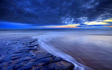 Beautiful Sea And Sky - blue, amazing, splendor, blue sky, sunrise, view, sky, clouds, beautiful, sea, beauty, lovely, ocean, stones, blue sea, nature, sunset, waves, peaceful