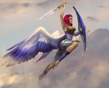 Warrior Angel - red hair, warrior, flying, sword, angel, blue wings