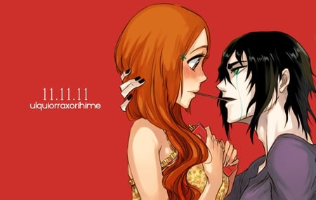 bleach - pocky, anime, orihime, red, bleach, ulquiorra