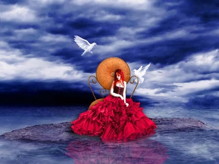 Sea princess - woman, princess, lady, ocean, girl, water, clouds, red, red dressed, sea, birds