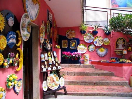 Pottery Plates - stairs, plates, pottery, pink