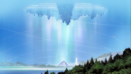 Evangelion 2.22 - city, lake, forest, blue