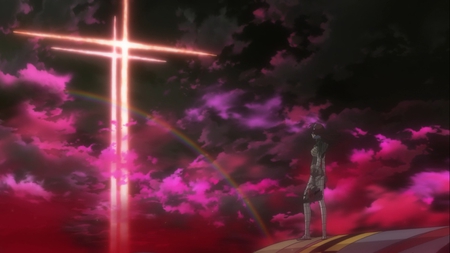 Evangelion 2.22 - You Can (Not) Advance - rainbow, girl, cross, clouds