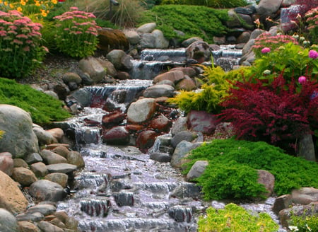 waterfall-colors - nature, falls, water, rock, flowers, colors