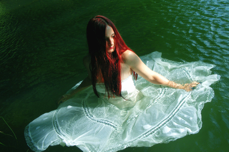 Ophelia - lake, lady, red, hair, dress