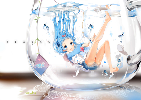 Miku Tea - blue hair, blue eyes, water, wet, long hair, blush, barefoot, uniform