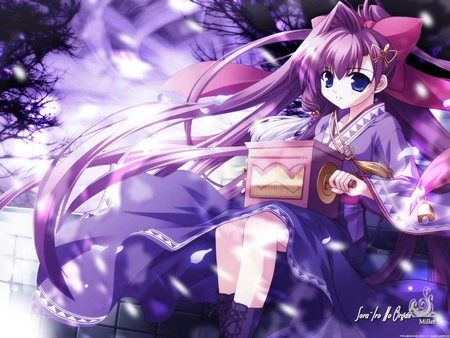 Millet from Sorairo no Organ - anime, sorairo no organ, millet, deep blue eyes, deep purple hair, music box, cute anime girl, sitting, smiling