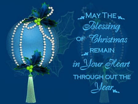 Christmas Greeting - christmas, white, pearls, blue, ball, green, ribbon, greeting