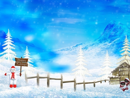 HAPPY HOLIDAYS - trees, winter, blue, snow, holidays, christmas, whte, mountains, sky