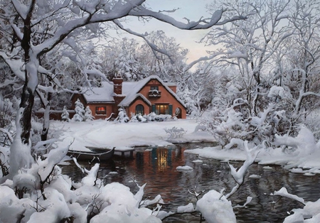 WINTER WONDERLAND - house, wonderland, trees, winter, pond, cold, snow