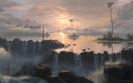 Fog Over The Water - heaven, waterfalls, scenery, sunrise, mountain, hd, lake, sun, hill, trees, water, fog, digital art, morning, digital painting, nature, world, waterfall, cloud