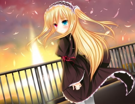 Sweet anime girl - sun set, bicoloured eyes, girl, sad, blond, cute