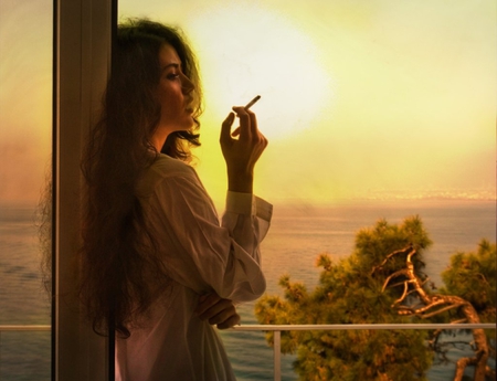 ~Waiting~ - woman, cigarette, morning, view, female, people