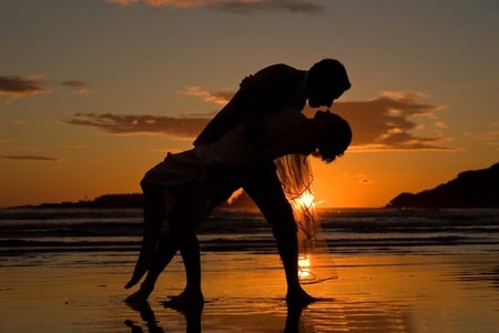 Sunset Love - woman, silhouette, beach, kiss, man, summer, sunset