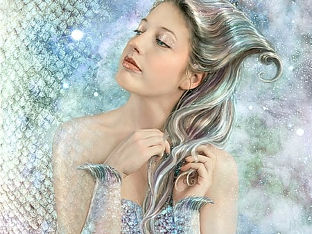 Mermaid - beautiful, silver, glitter, scales, mermaid close up, hair, glossy