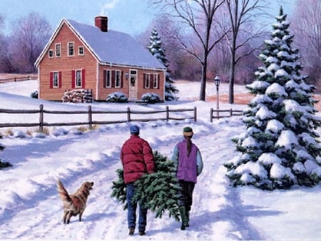 Bringing Home the Christmas Tree - holidays, xmas, dog, snow, family, tree, christmas, country