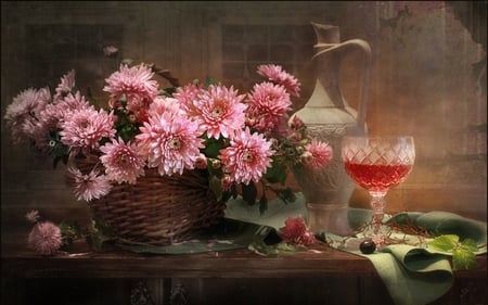 Still life - pretty, chrysanthemums, pitcher, pink, photo, flowers, wine, nice, red wine, delicate, beautiful, photography, beauty, colors, lovely, cool, still life, flower, petals, bouquet, drink, harmony, basket, season, autumn, chrysanthemum, glass