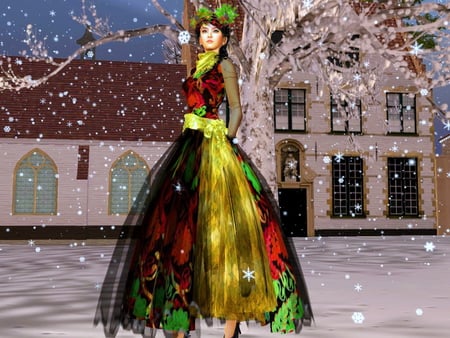 Christmas beauty - woman, beauty, street, winter, buildings, christmas, snow, colors, dress