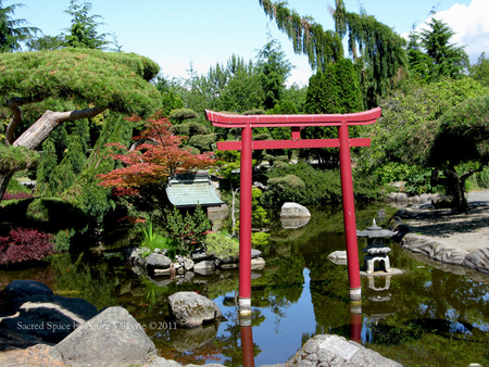 sacred_space - nature, trees, gate, japam, green, rock, garden