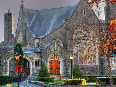 Christmas church - wreath, christmas, blue roof, church, grey, stained glass, green, tree, lights