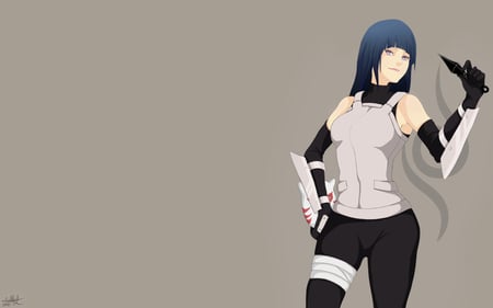 hiyuuga hinata - black, blue hair, ambu, weapon, blousse, color, long hair