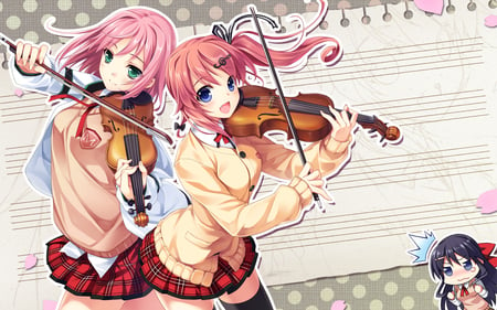 Sakura Ninomae, Ai Nonomiya, & Natsumi Yuuki - girls, ai nonomiya, skirt, school, chibi, ponytail, long hair, instrument, bow, anime, sakura ninomae, uniform, ribbon, violin, natsumi yuuki