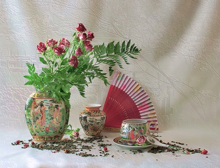 Japanese tea time - spoon, fan, green tea, roses, tea, japanese, lovely, cup, vase, painting, pink, beautiful, tea leaves, green, flowers, decoration