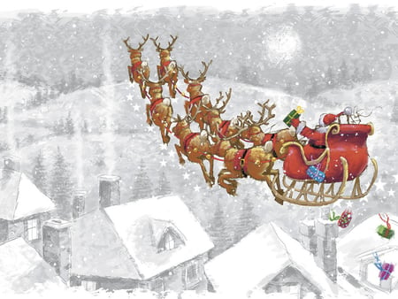 Santa flying - fly, holiday, winter, santa, deer, christmas, december, snow