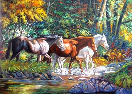 Caballos cruzando el rio, by Vinicio Castillo - art, horse, river, animal, painting vinicio castillo